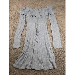 Express gray knit off-shoulder dress with a lace-up front.